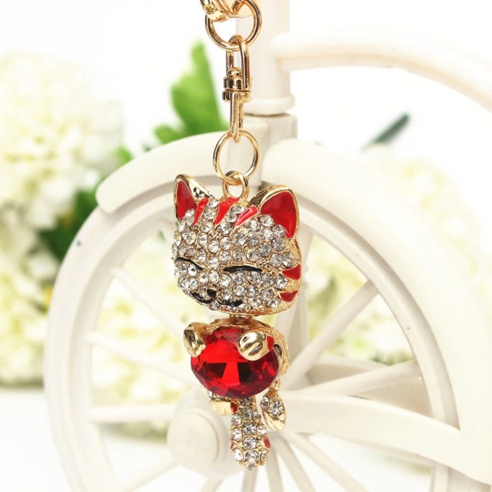 Red Crystal Cat Keychain Goldtone w/ Pavé Crystals